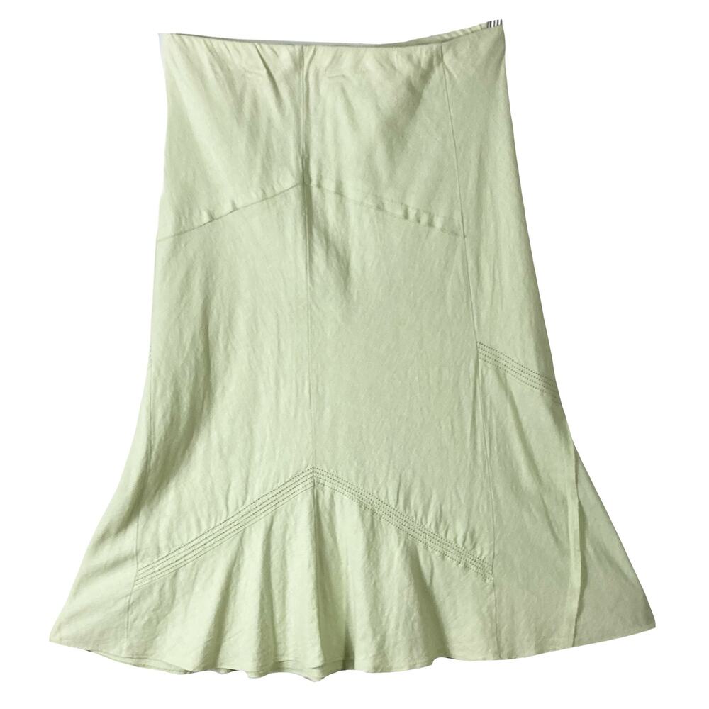 nwot MARKS & SPENCER Skirt UK12~US 8 Linen Green Eyelet-Stripe A-Line Flare Midi